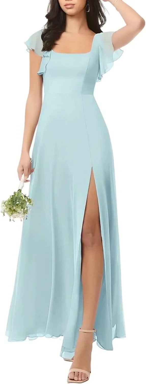 Chiffon Bridesmaid Dresses Long with Slit Short Sleeve Formal Wedding Guest Dress for Women