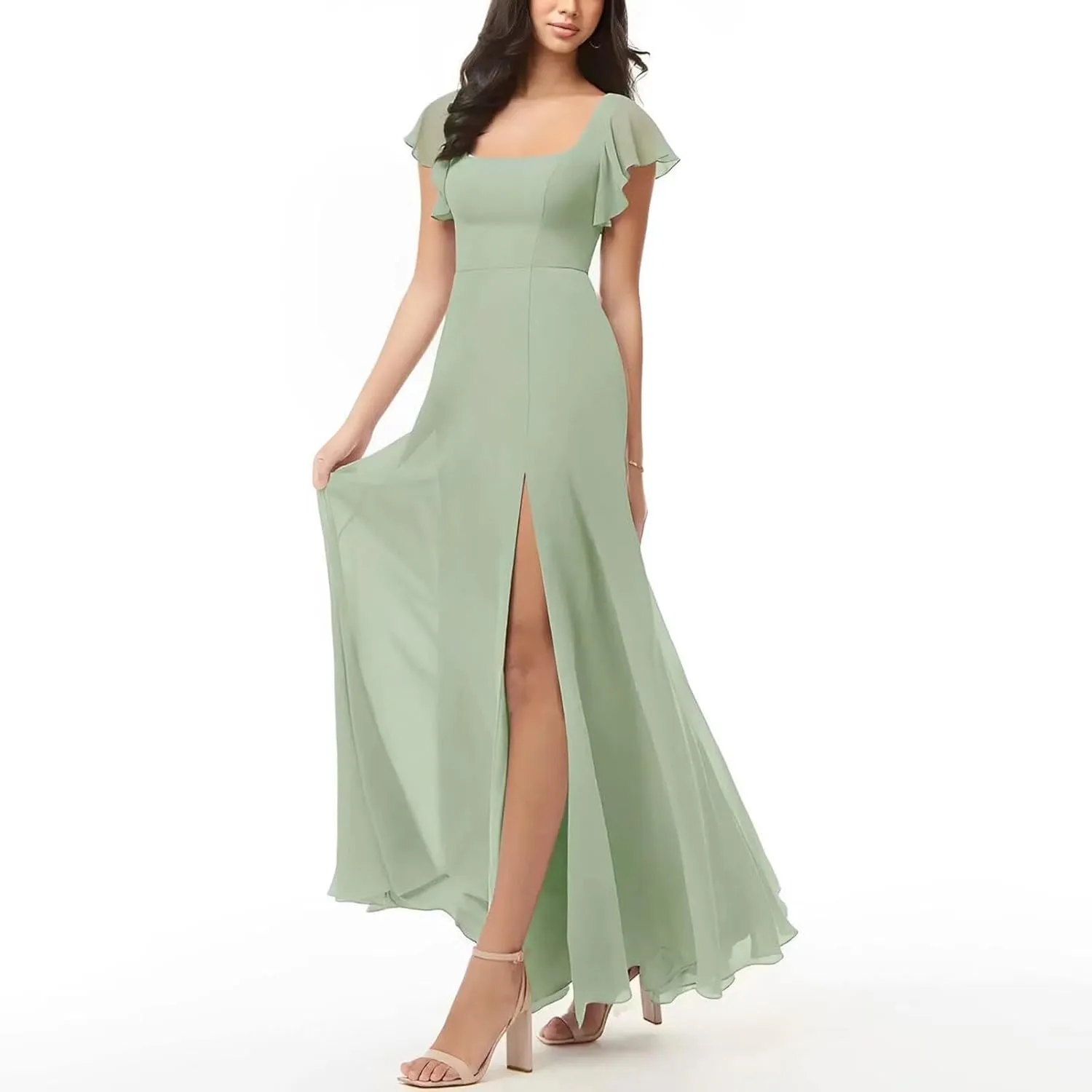 Chiffon Bridesmaid Dresses Long with Slit Short Sleeve Formal Wedding Guest Dress for Women