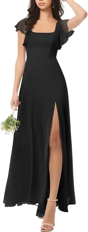 Chiffon Bridesmaid Dresses Long with Slit Short Sleeve Formal Wedding Guest Dress for Women