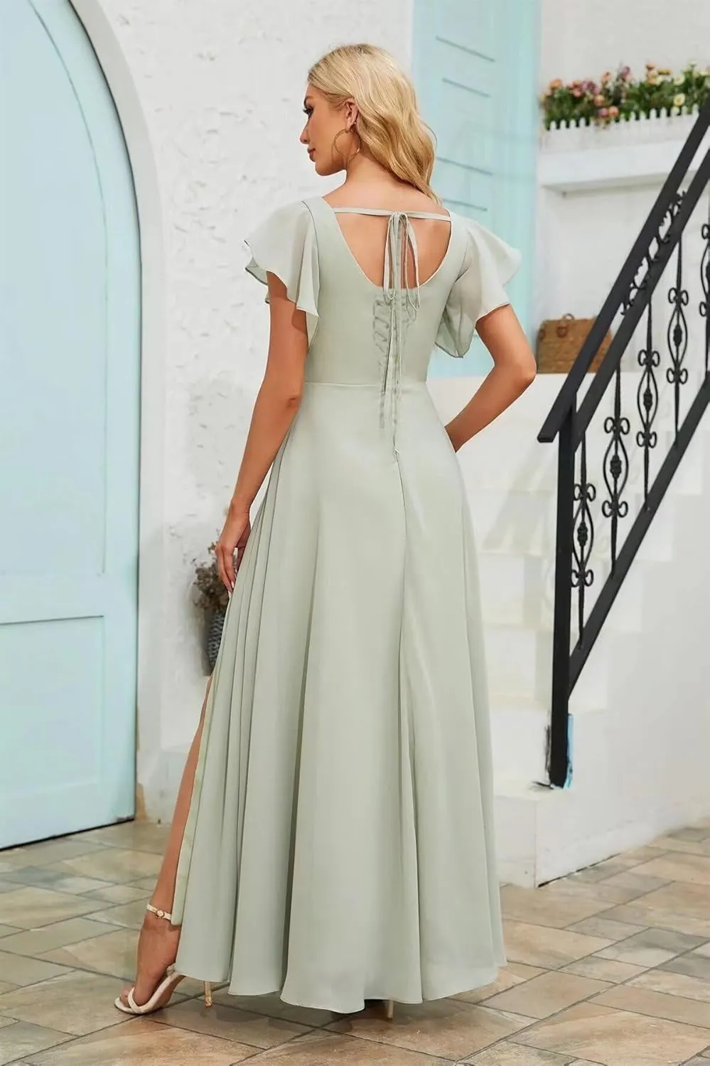 Chiffon Bridesmaid Dresses Long with Slit Short Sleeve Formal Wedding Guest Dress for Women