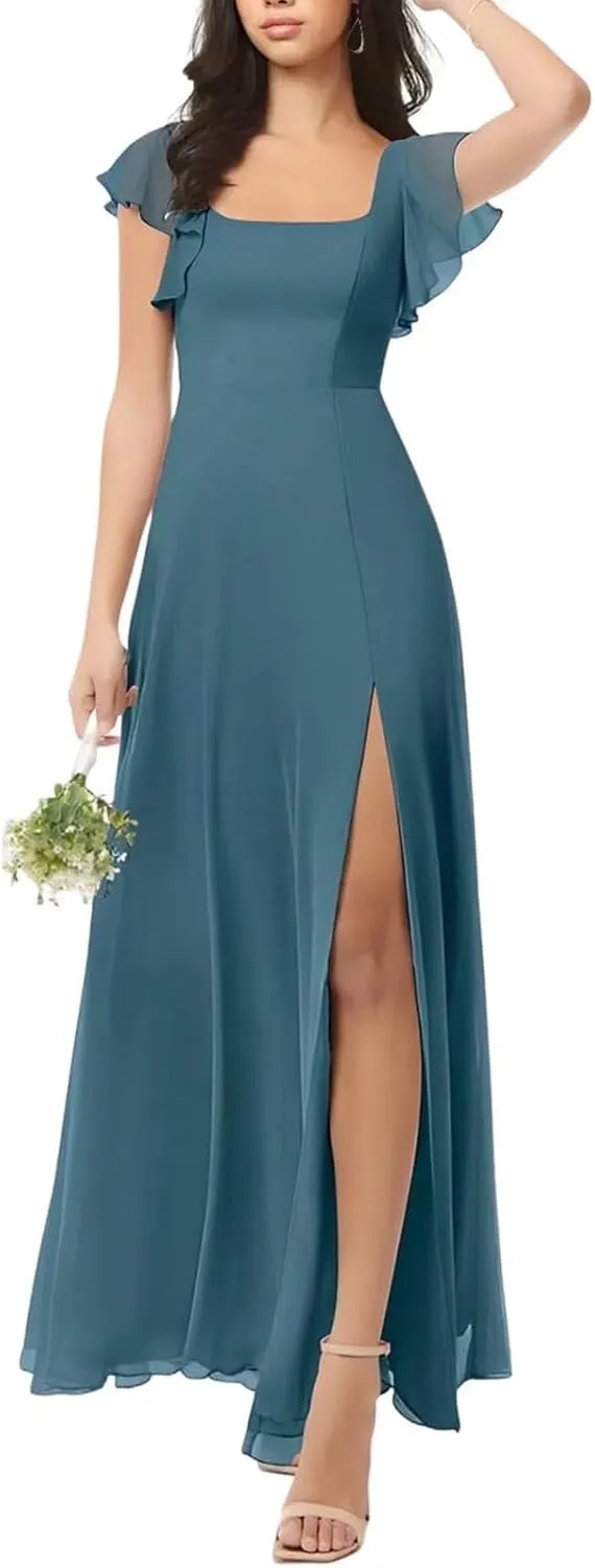 Chiffon Bridesmaid Dresses Long with Slit Short Sleeve Formal Wedding Guest Dress for Women