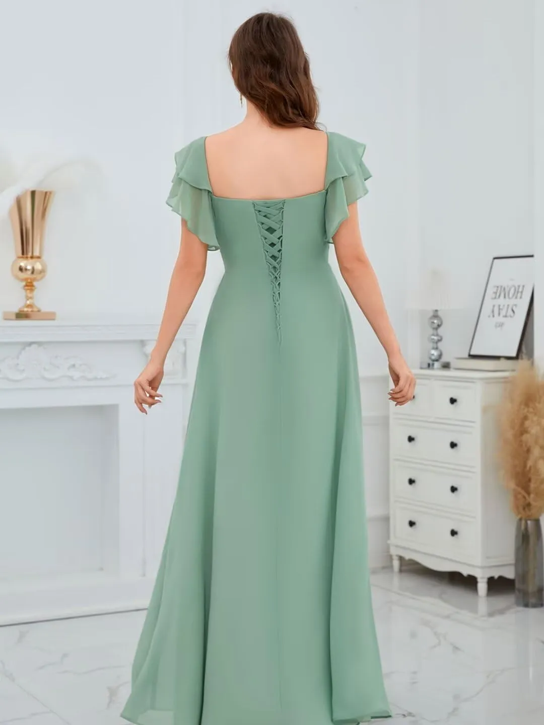 Chiffon Bridesmaid Dresses with Ruffle Sleeve Square Neck A Line Long Formal Evening Gown with Slit