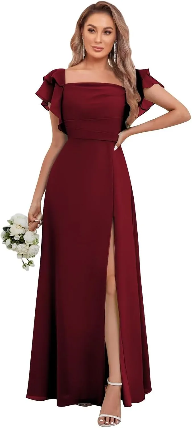 Chiffon Bridesmaid Dresses with Ruffle Sleeve Square Neck A Line Long Formal Evening Gown with Slit