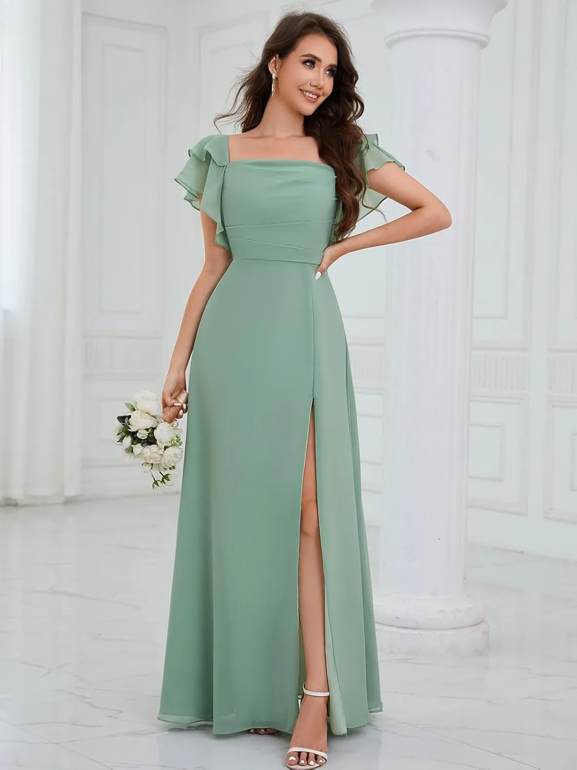 Chiffon Bridesmaid Dresses with Ruffle Sleeve Square Neck A Line Long Formal Evening Gown with Slit