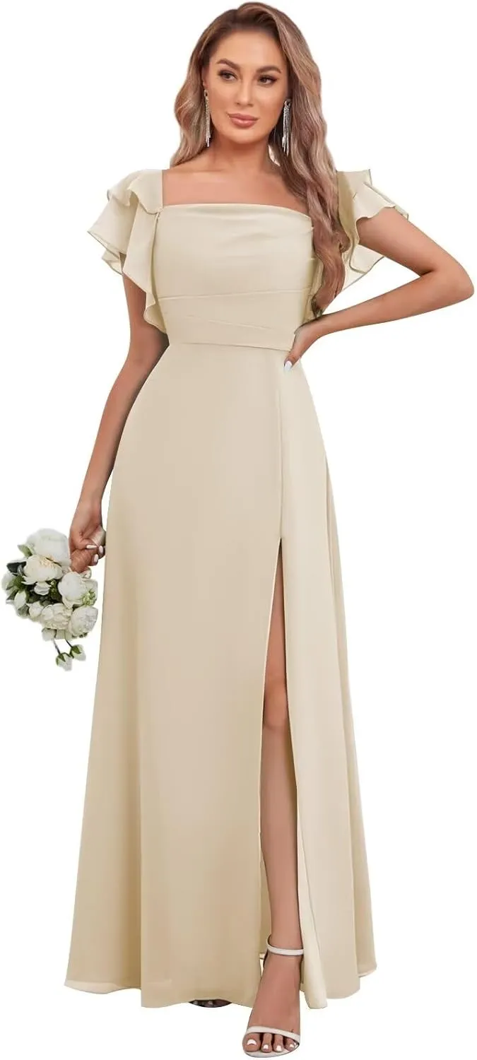 Chiffon Bridesmaid Dresses with Ruffle Sleeve Square Neck A Line Long Formal Evening Gown with Slit