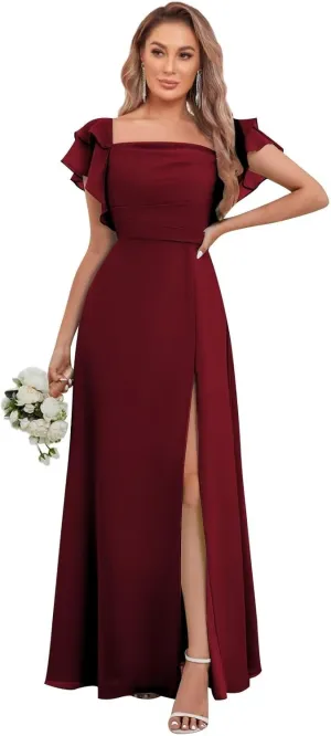 Chiffon Bridesmaid Dresses with Ruffle Sleeve Square Neck A Line Long Formal Evening Gown with Slit