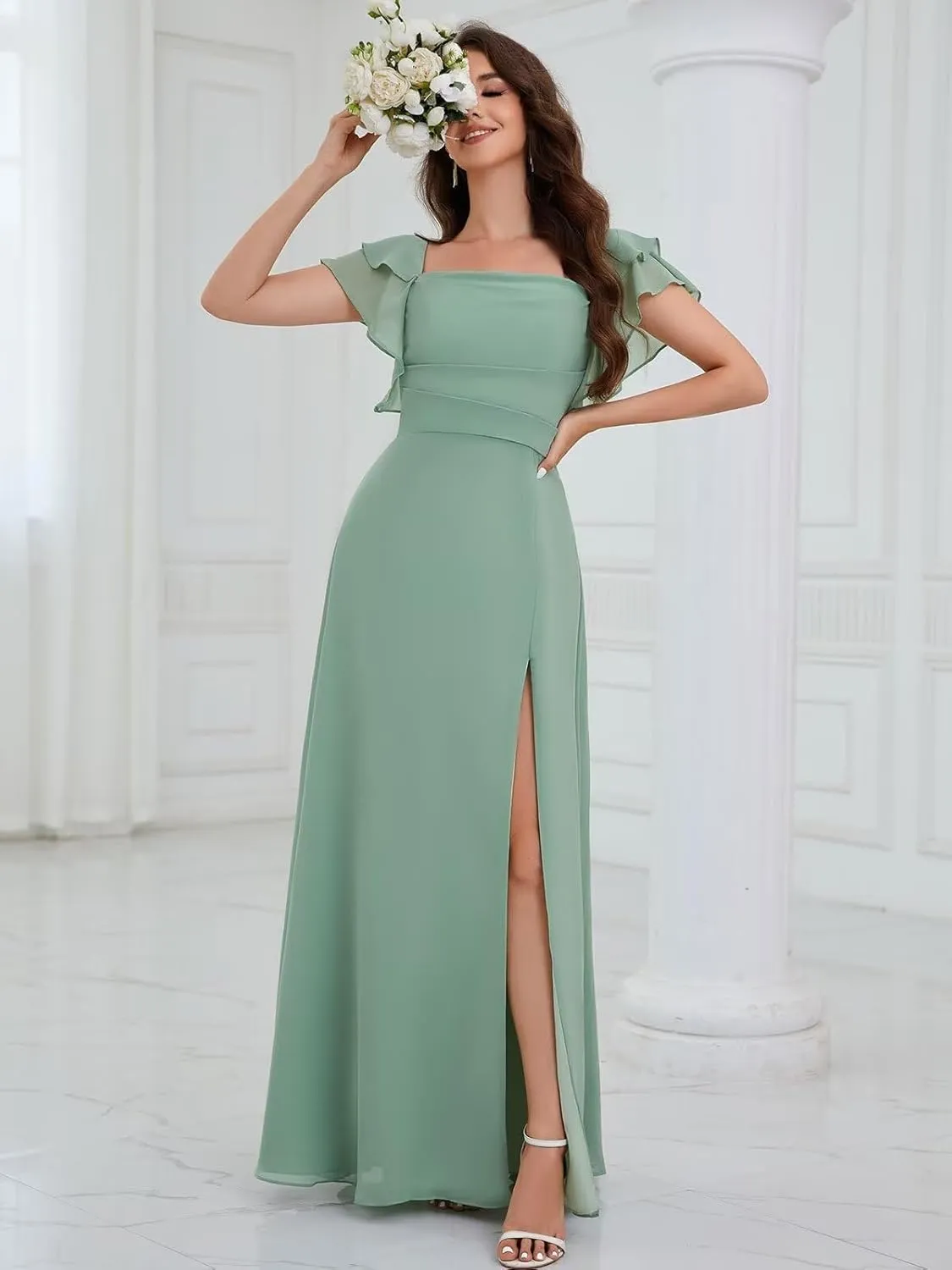 Chiffon Bridesmaid Dresses with Ruffle Sleeve Square Neck A Line Long Formal Evening Gown with Slit