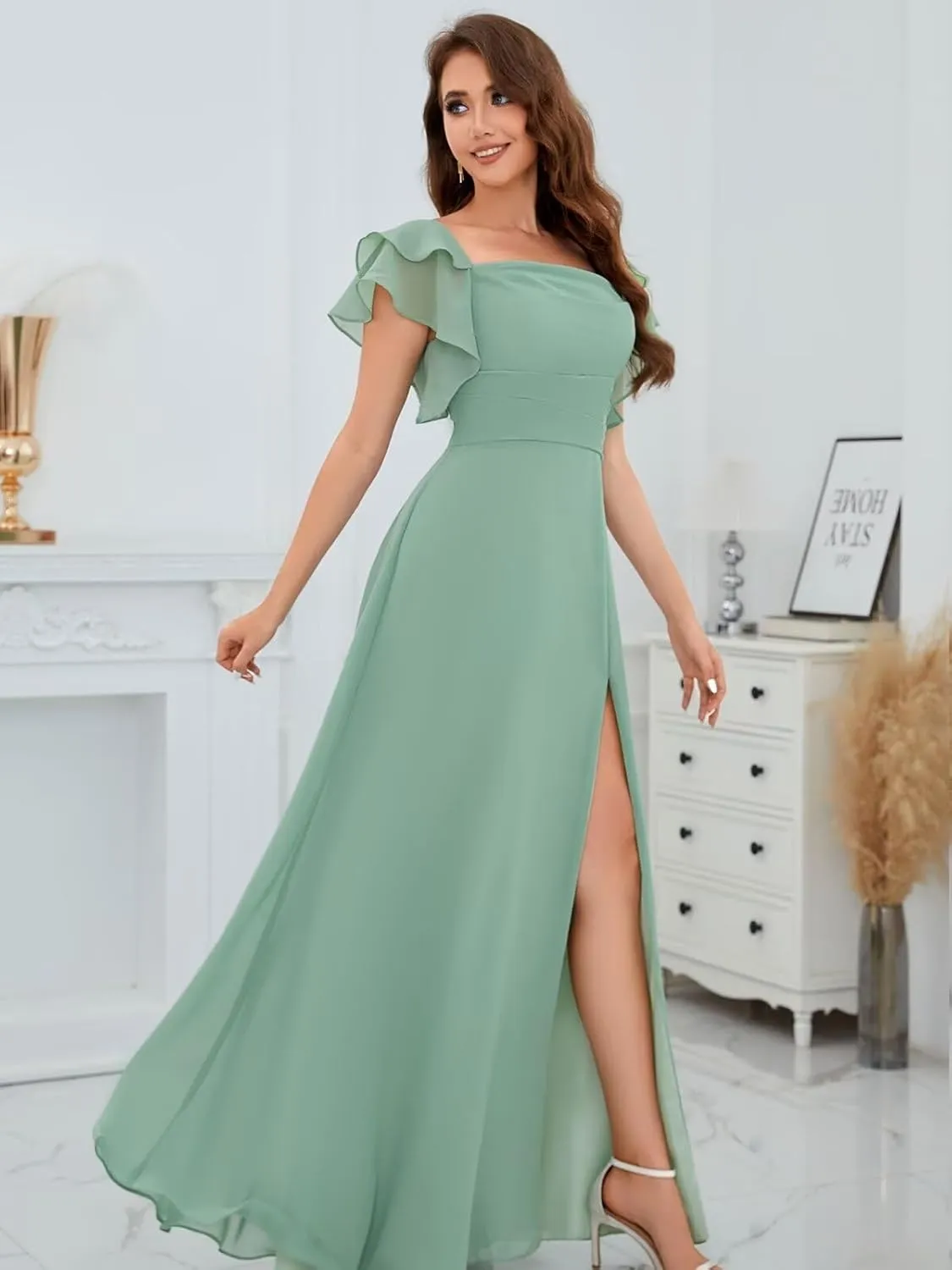 Chiffon Bridesmaid Dresses with Ruffle Sleeve Square Neck A Line Long Formal Evening Gown with Slit