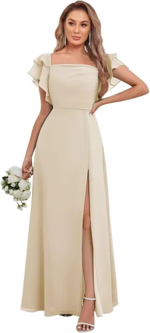Chiffon Bridesmaid Dresses with Ruffle Sleeve Square Neck A Line Long Formal Evening Gown with Slit