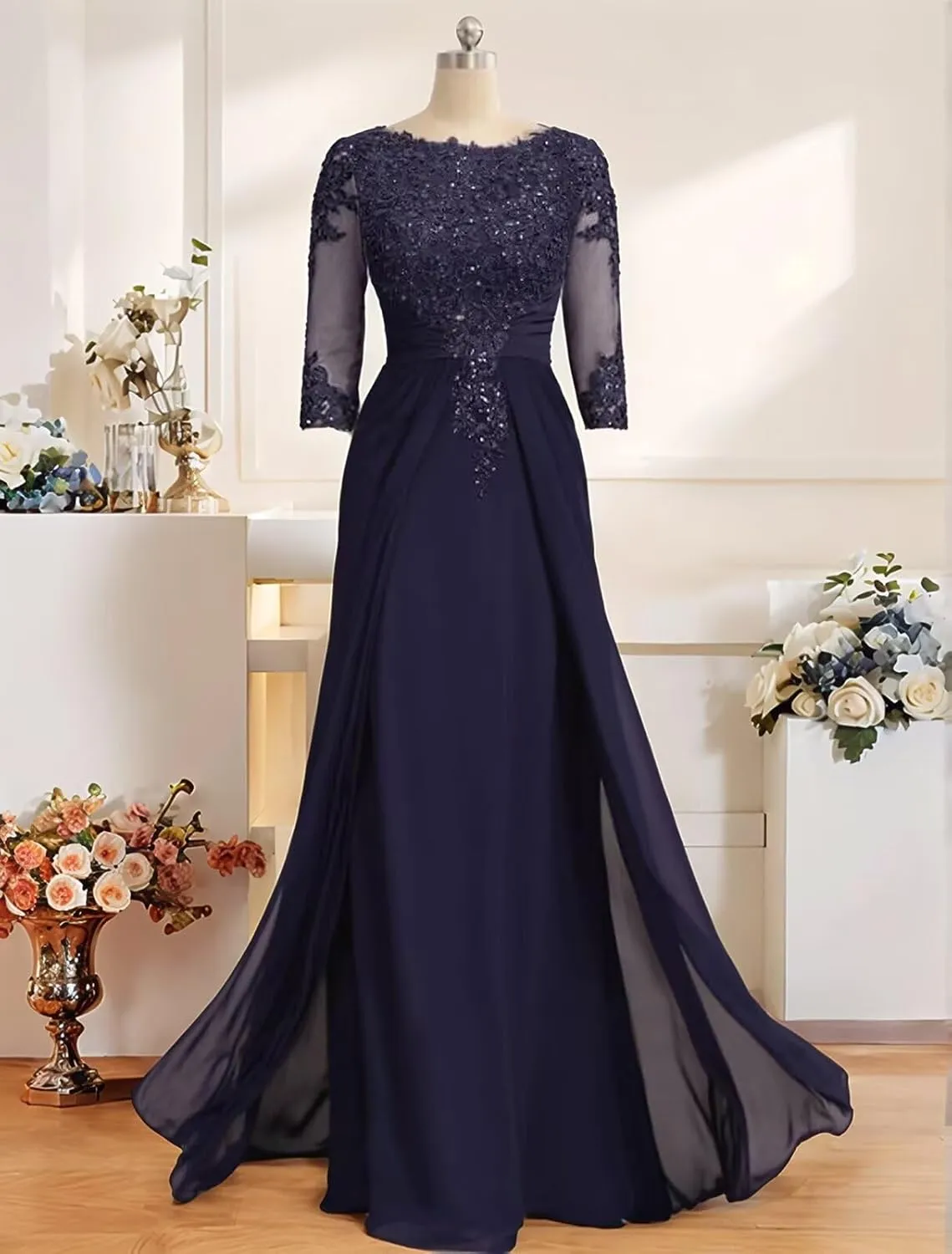 Chiffon Mother of The Bride Dresses 2025 Lace Appliques Long Half Sleeve Formal Evening Dresses with Train
