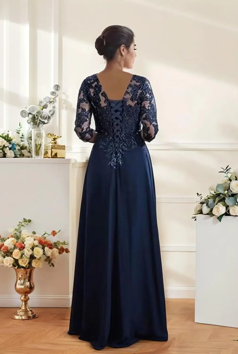Chiffon Mother of The Bride Dresses 2025 Lace Appliques Long Half Sleeve Formal Evening Dresses with Train