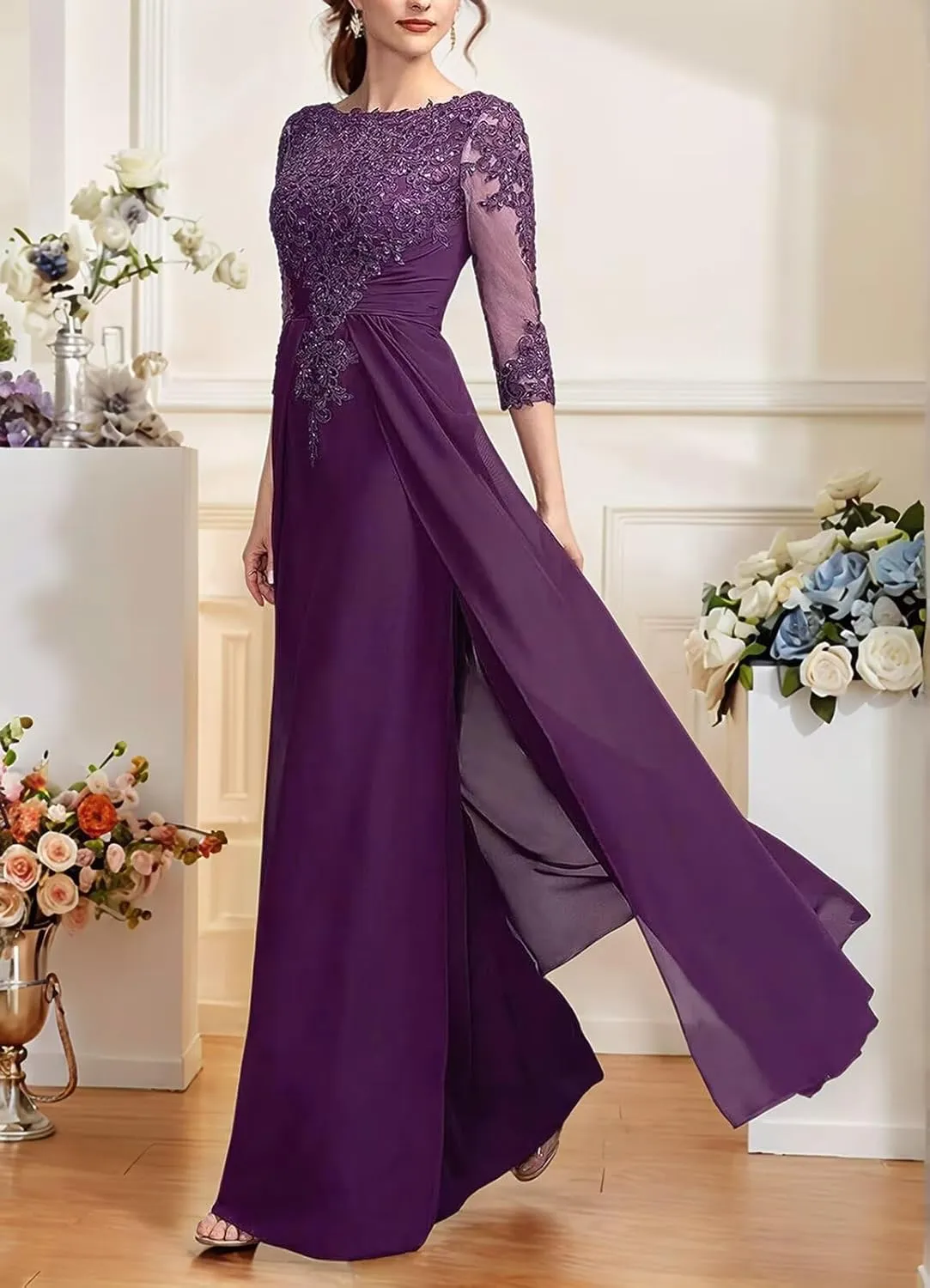 Chiffon Mother of The Bride Dresses 2025 Lace Appliques Long Half Sleeve Formal Evening Dresses with Train