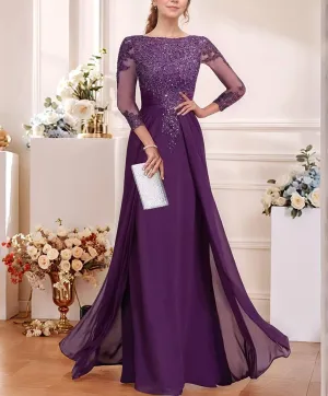 Chiffon Mother of The Bride Dresses 2025 Lace Appliques Long Half Sleeve Formal Evening Dresses with Train