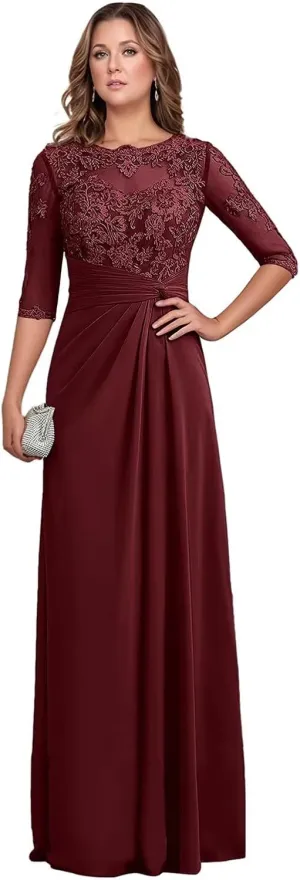 Chiffon Mother of The Bride Dresses 2025 Long Lace Appliques Ruffle Half Sleeve Formal Evening Dresses for Women