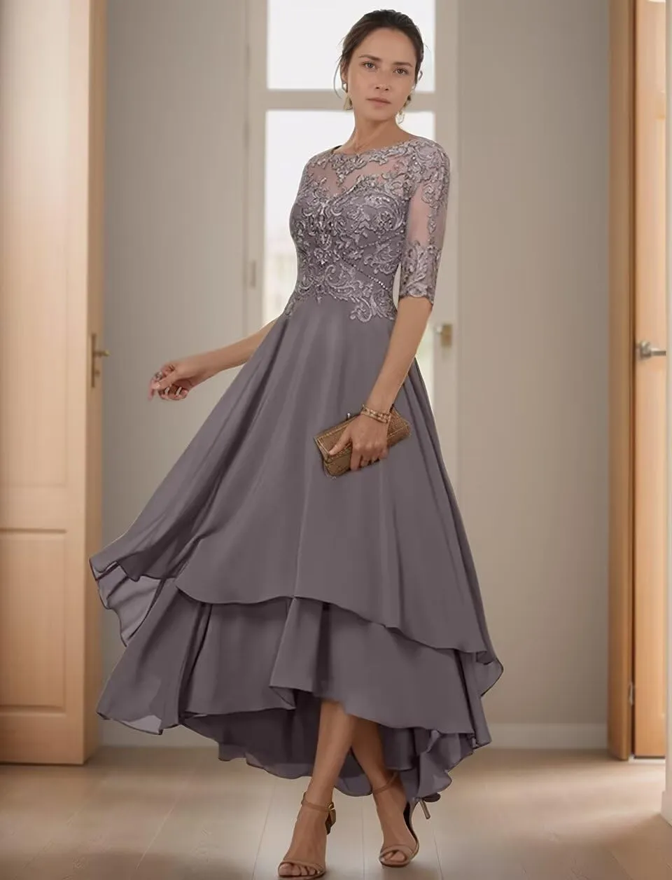Chiffon Mother of The Bride Dresses for Wedding Tea Length Lace Appliques 1/2 Sleeve Tiered Formal Evening Gowns