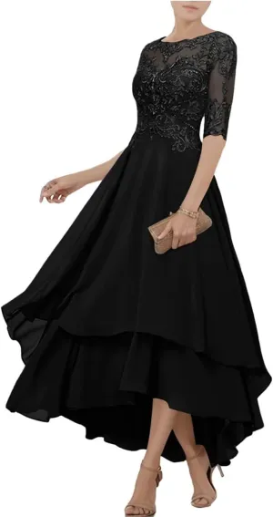 Chiffon Mother of The Bride Dresses for Wedding Tea Length Lace Appliques 1/2 Sleeve Tiered Formal Evening Gowns