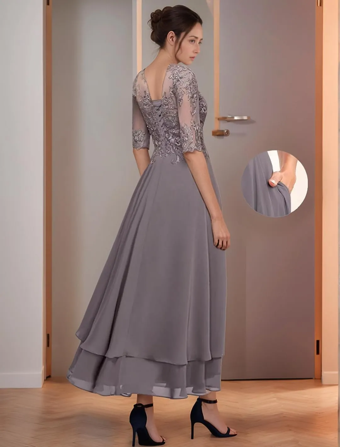 Chiffon Mother of The Bride Dresses for Wedding Tea Length Lace Appliques 1/2 Sleeve Tiered Formal Evening Gowns