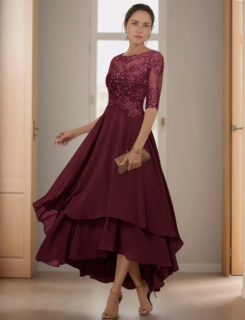 Chiffon Mother of The Bride Dresses for Wedding Tea Length Lace Appliques 1/2 Sleeve Tiered Formal Evening Gowns