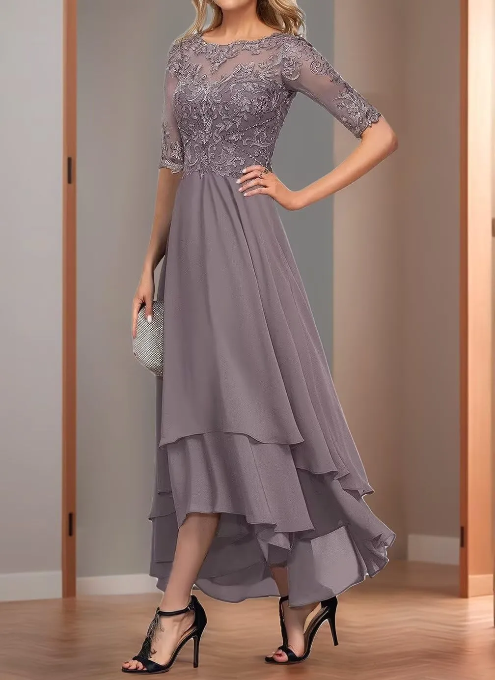 Chiffon Mother of The Bride Dresses for Wedding Tea Length Lace Appliques 1/2 Sleeve Tiered Formal Evening Gowns