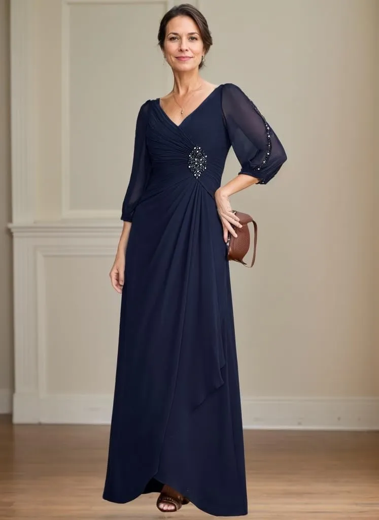 Chiffon Mother of The Bride Dresses with Sleeves V Neck Formal Dress for Women Long Evening Gown