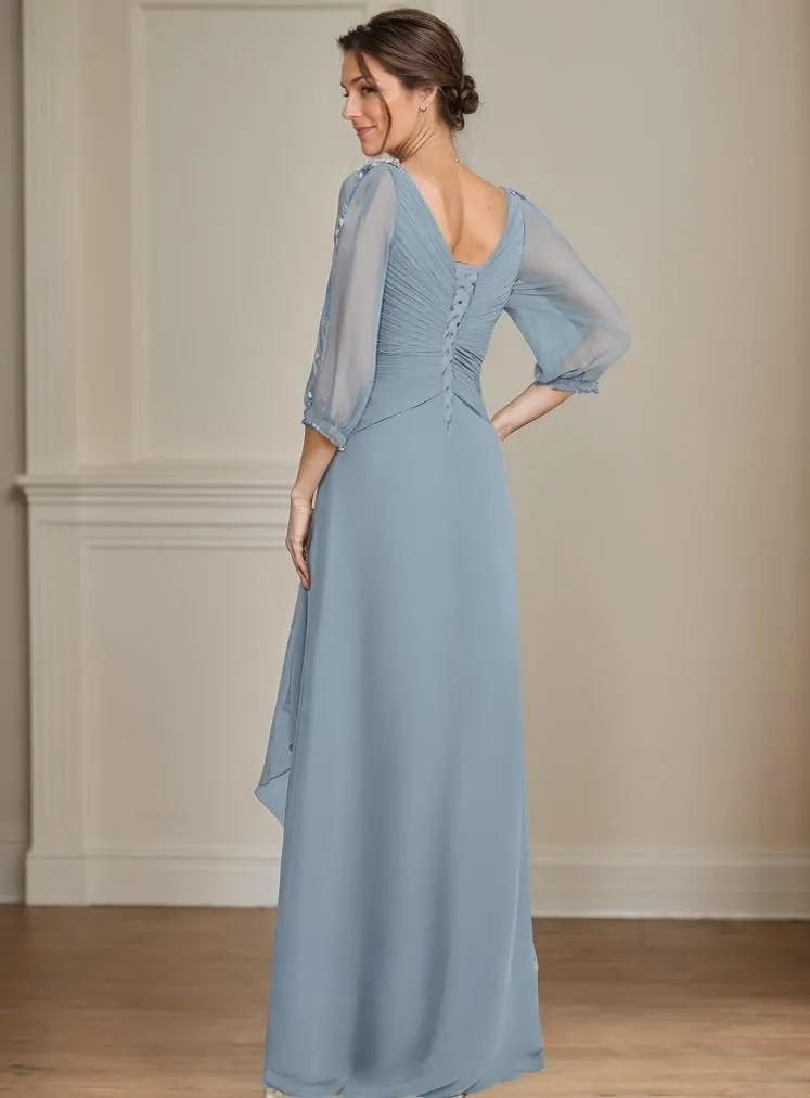 Chiffon Mother of The Bride Dresses with Sleeves V Neck Formal Dress for Women Long Evening Gown