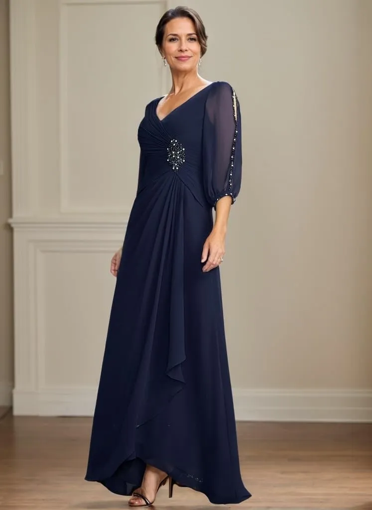 Chiffon Mother of The Bride Dresses with Sleeves V Neck Formal Dress for Women Long Evening Gown