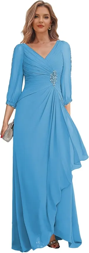 Chiffon Mother of The Bride Dresses with Sleeves V Neck Formal Dress for Women Long Evening Gown