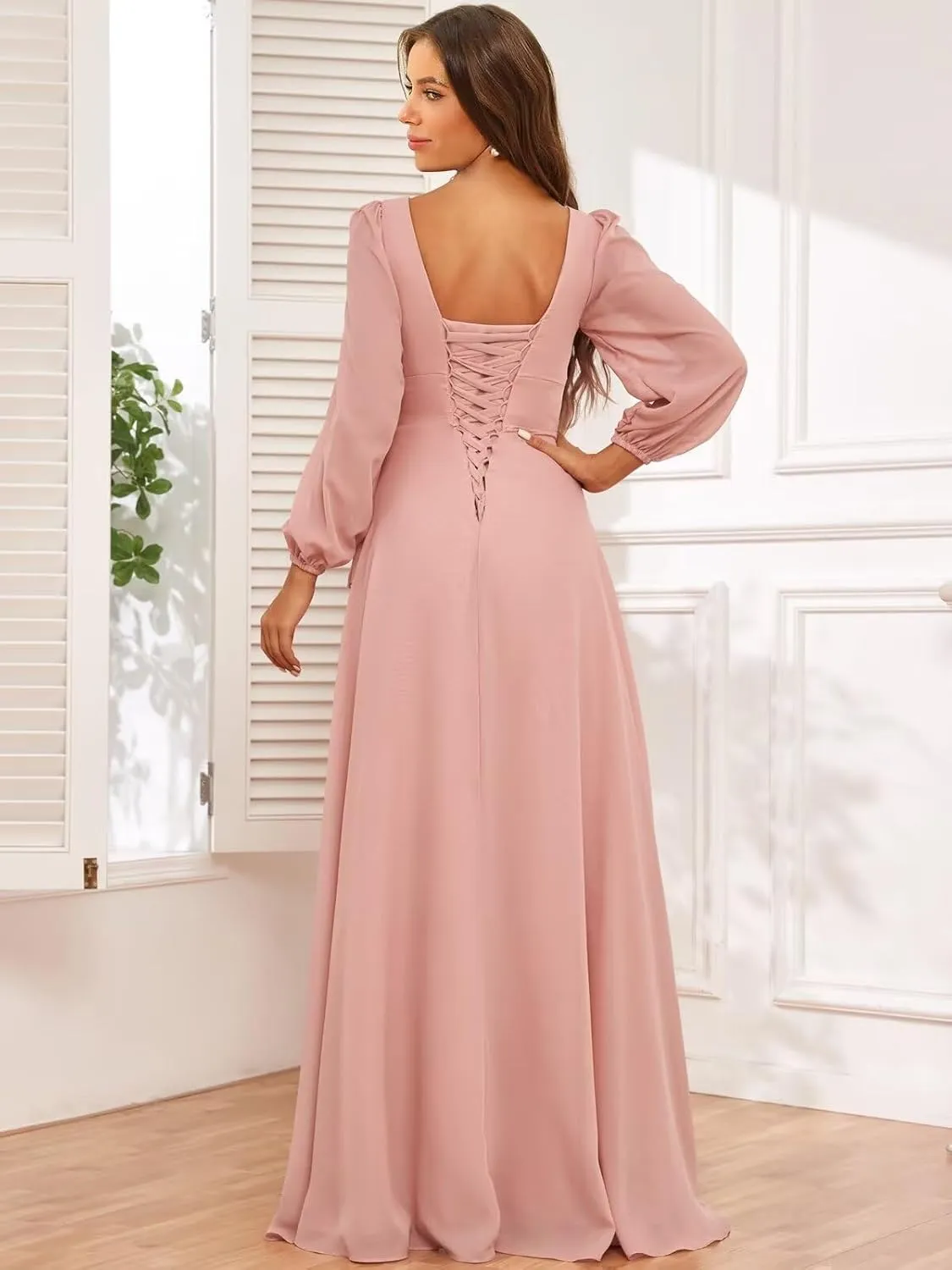 Chiffon Simple Long Sleeve Wedding Dresses for Bride V Neck Ruched Ruffle Bridal Gown with Slit