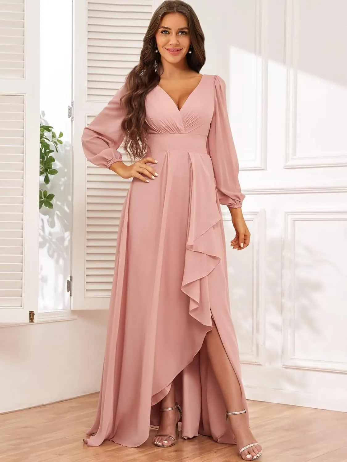 Chiffon Simple Long Sleeve Wedding Dresses for Bride V Neck Ruched Ruffle Bridal Gown with Slit