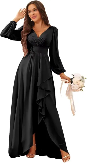 Chiffon Simple Long Sleeve Wedding Dresses for Bride V Neck Ruched Ruffle Bridal Gown with Slit