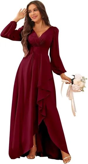 Chiffon Simple Long Sleeve Wedding Dresses for Bride V Neck Ruched Ruffle Bridal Gown with Slit