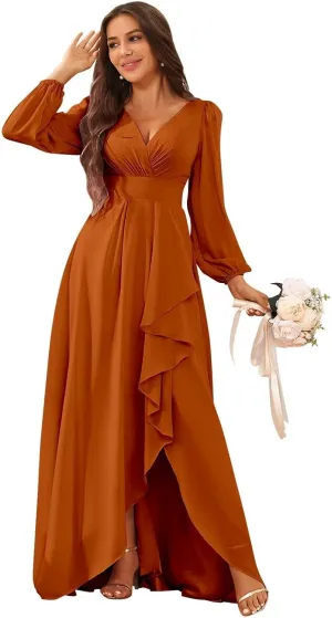 Chiffon Simple Long Sleeve Wedding Dresses for Bride V Neck Ruched Ruffle Bridal Gown with Slit