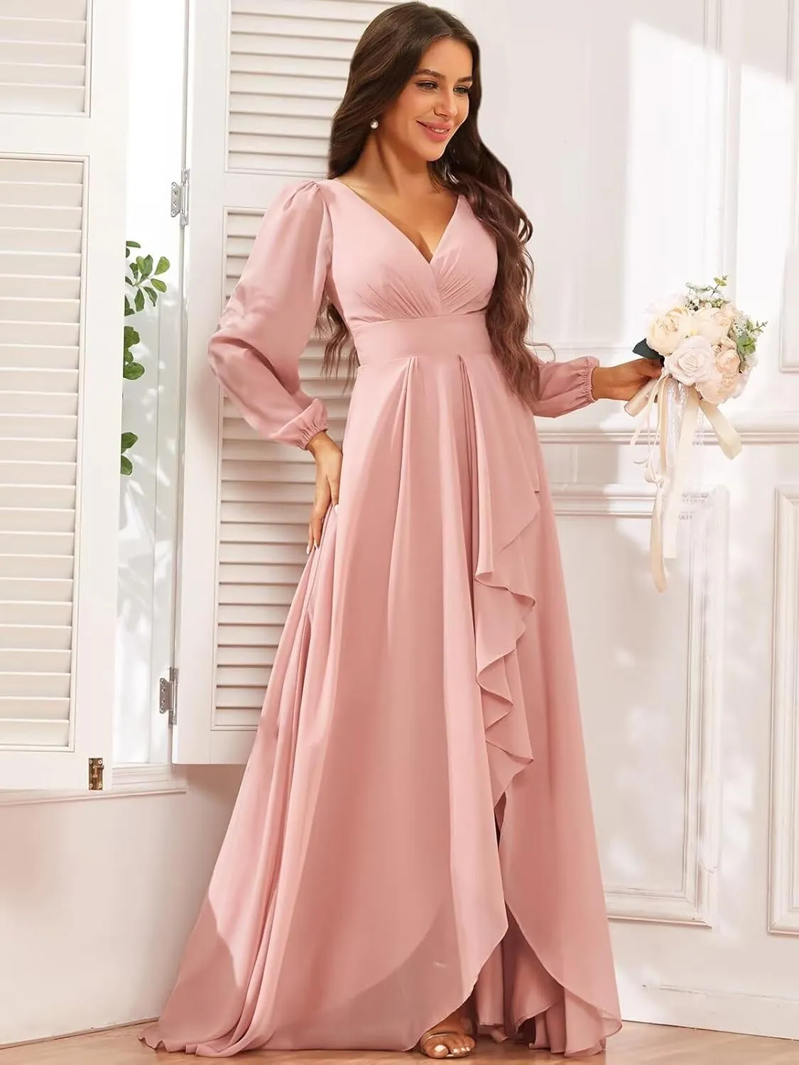 Chiffon Simple Long Sleeve Wedding Dresses for Bride V Neck Ruched Ruffle Bridal Gown with Slit