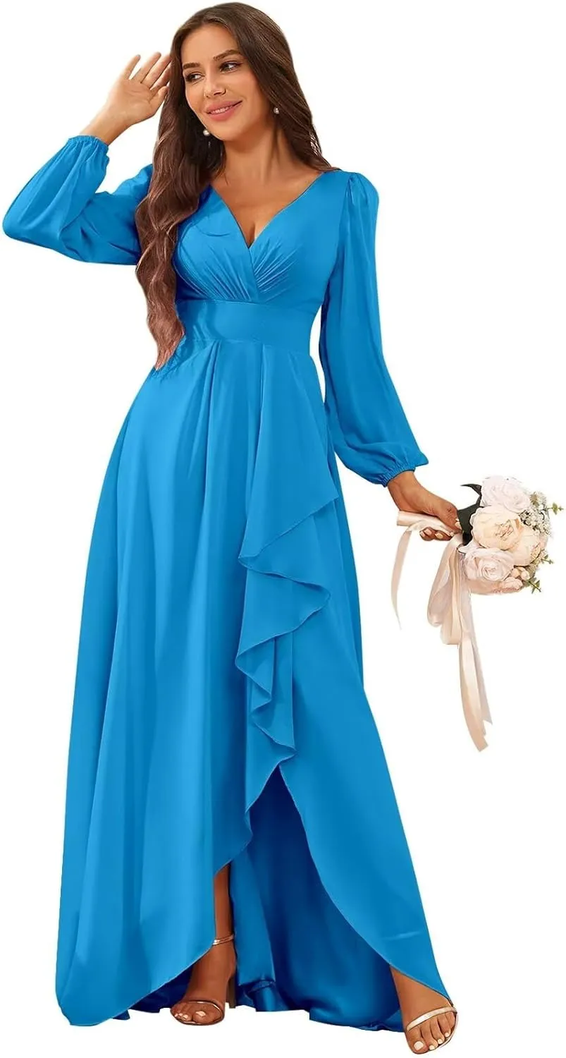 Chiffon Simple Long Sleeve Wedding Dresses for Bride V Neck Ruched Ruffle Bridal Gown with Slit