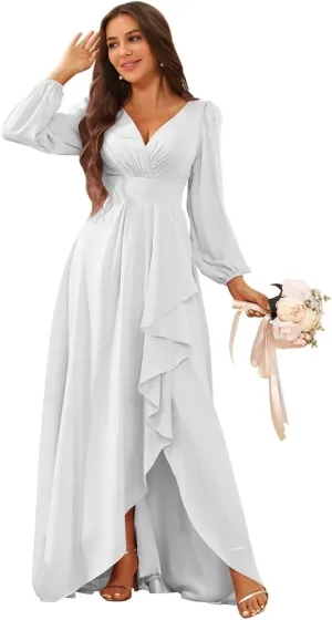 Chiffon Simple Long Sleeve Wedding Dresses for Bride V Neck Ruched Ruffle Bridal Gown with Slit