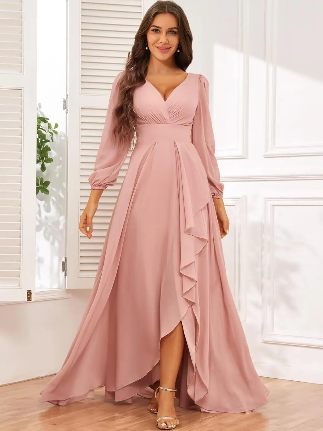 Chiffon Simple Long Sleeve Wedding Dresses for Bride V Neck Ruched Ruffle Bridal Gown with Slit