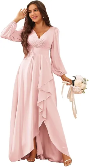 Chiffon Simple Long Sleeve Wedding Dresses for Bride V Neck Ruched Ruffle Bridal Gown with Slit