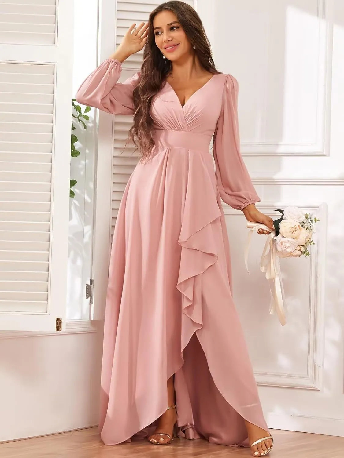 Chiffon Simple Long Sleeve Wedding Dresses for Bride V Neck Ruched Ruffle Bridal Gown with Slit