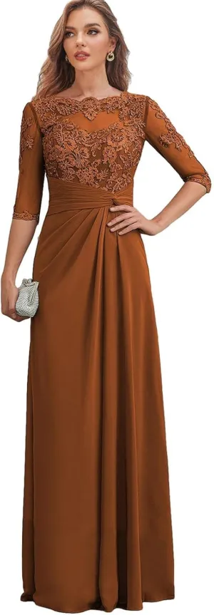 Clixsy Mother of The Bride Dresses for Wedding Long Chiffon Ruched Formal Dress with Sleeves Lace Corset Evening Gown