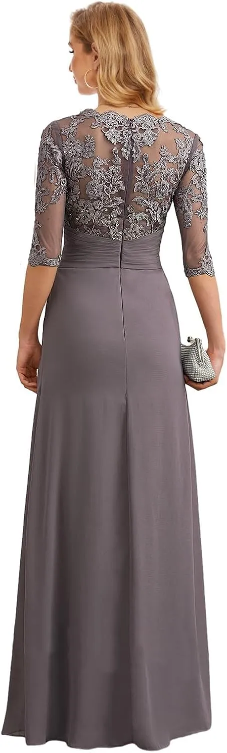 Clixsy Mother of The Bride Dresses for Wedding Long Chiffon Ruched Formal Dress with Sleeves Lace Corset Evening Gown