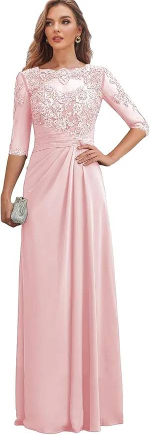 Clixsy Mother of The Bride Dresses for Wedding Long Chiffon Ruched Formal Dress with Sleeves Lace Corset Evening Gown