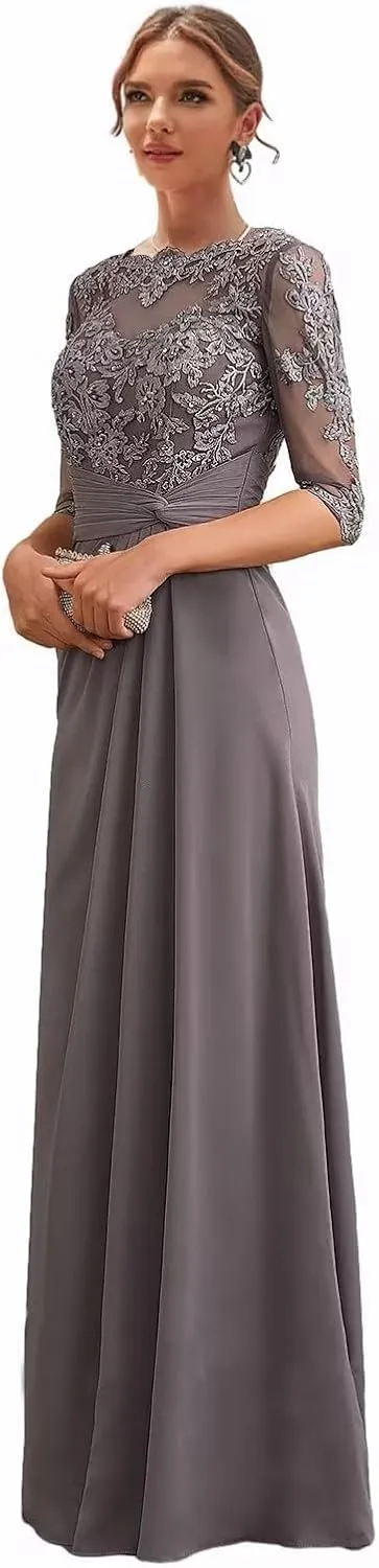 Clixsy Mother of The Bride Dresses for Wedding Long Chiffon Ruched Formal Dress with Sleeves Lace Corset Evening Gown