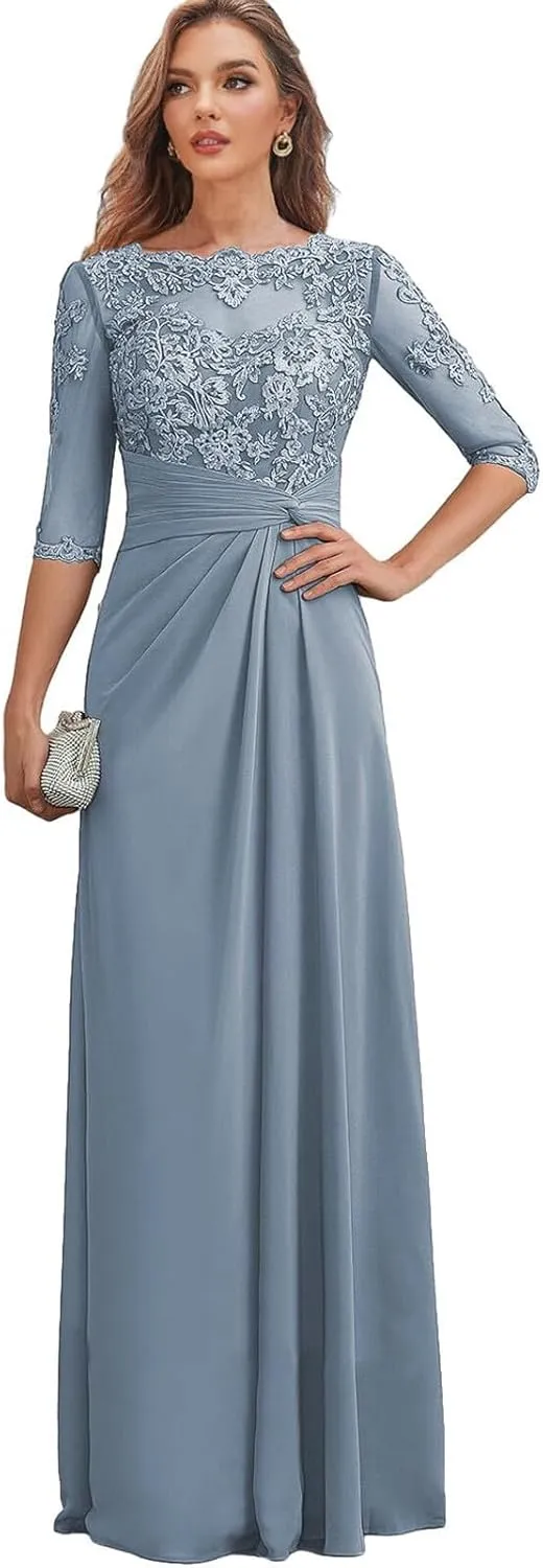 Clixsy Mother of The Bride Dresses for Wedding Long Chiffon Ruched Formal Dress with Sleeves Lace Corset Evening Gown