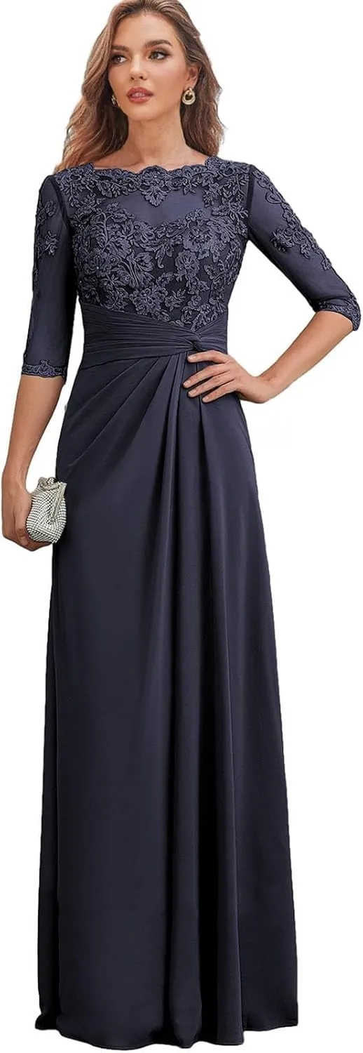 Clixsy Mother of The Bride Dresses for Wedding Long Chiffon Ruched Formal Dress with Sleeves Lace Corset Evening Gown