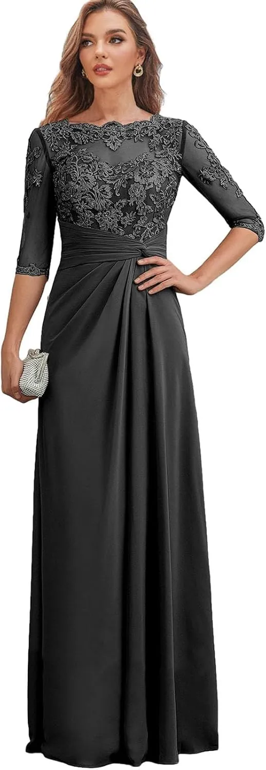 Clixsy Mother of The Bride Dresses for Wedding Long Chiffon Ruched Formal Dress with Sleeves Lace Corset Evening Gown