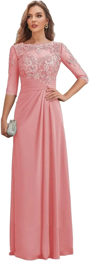 Clixsy Mother of The Bride Dresses for Wedding Long Chiffon Ruched Formal Dress with Sleeves Lace Corset Evening Gown