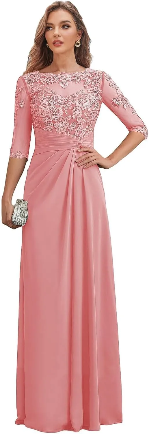 Clixsy Mother of The Bride Dresses for Wedding Long Chiffon Ruched Formal Dress with Sleeves Lace Corset Evening Gown
