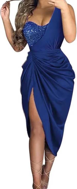 Cocktail Dresses for Women Sequin Bodycon Sexy One Shoulder Slit Midi Dress Summer Formal Elegant Plus Size Dress