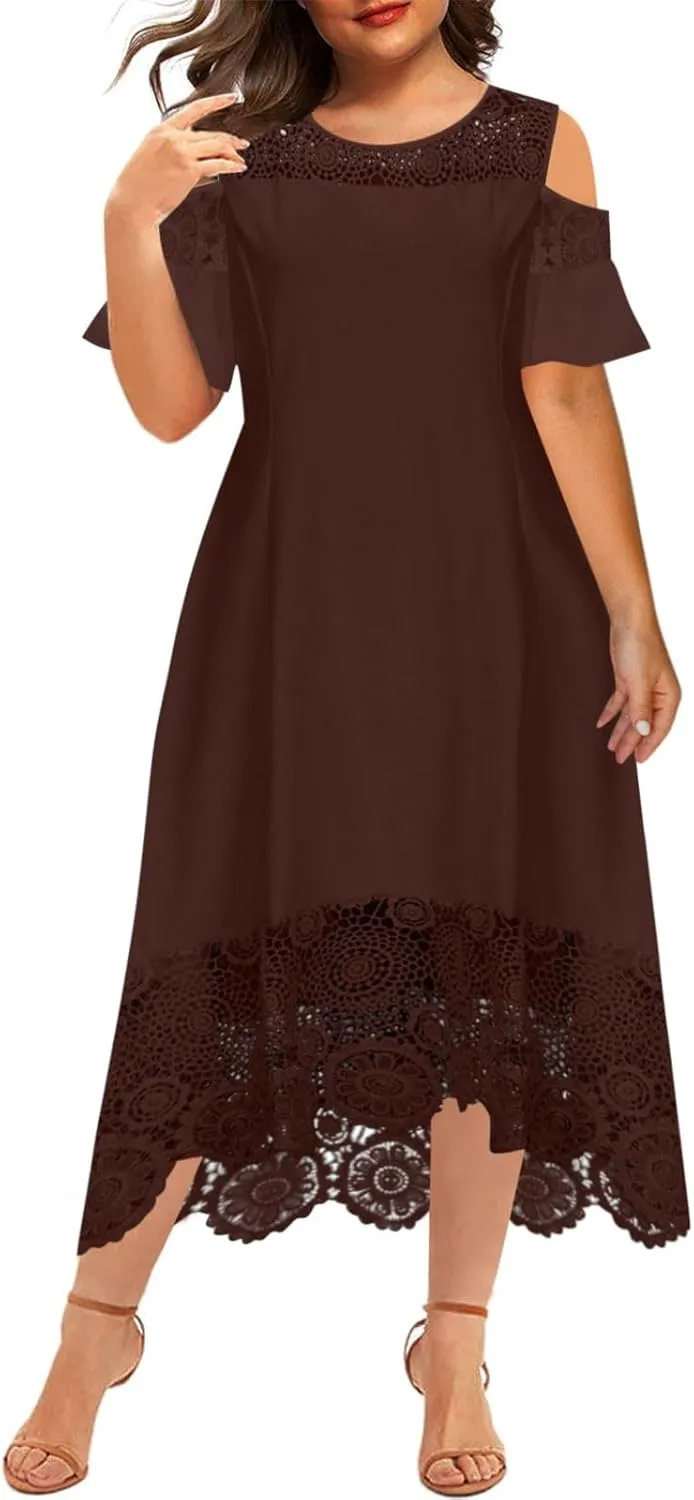 Cold Shoulder Dresses for Women Plus Size Floral Lace Hem Gowns Dress Short Sleeve Crewneck Cocktail Formal Dress