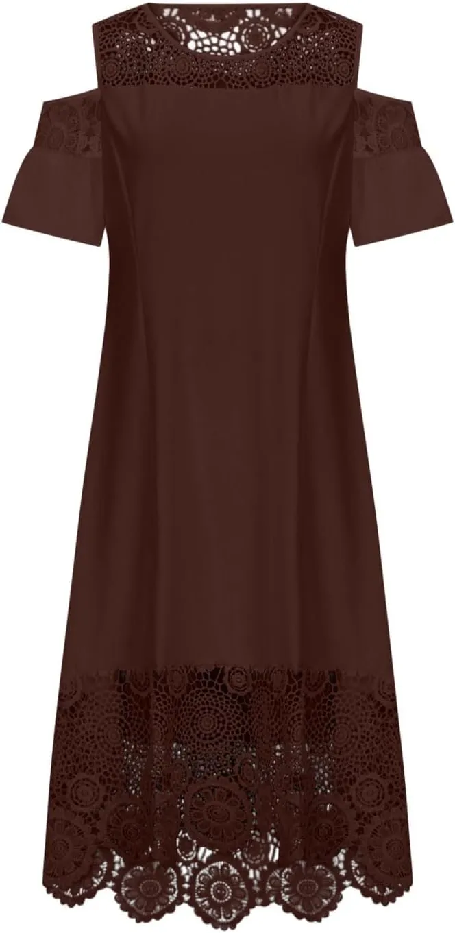 Cold Shoulder Dresses for Women Plus Size Floral Lace Hem Gowns Dress Short Sleeve Crewneck Cocktail Formal Dress